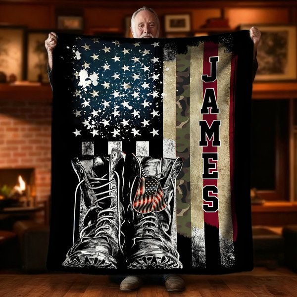 Personalized American Flag Soft Throw Blanket with Name Veterans Day Father's Day Birthday Gift for Soldiers Patriots