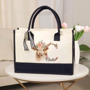Personalised Flower Highland Cow Large Canvas Tote Bag with Name and Ribbon Travel Essentials Birthday Mother's Day Gift for Mon Grandma Women