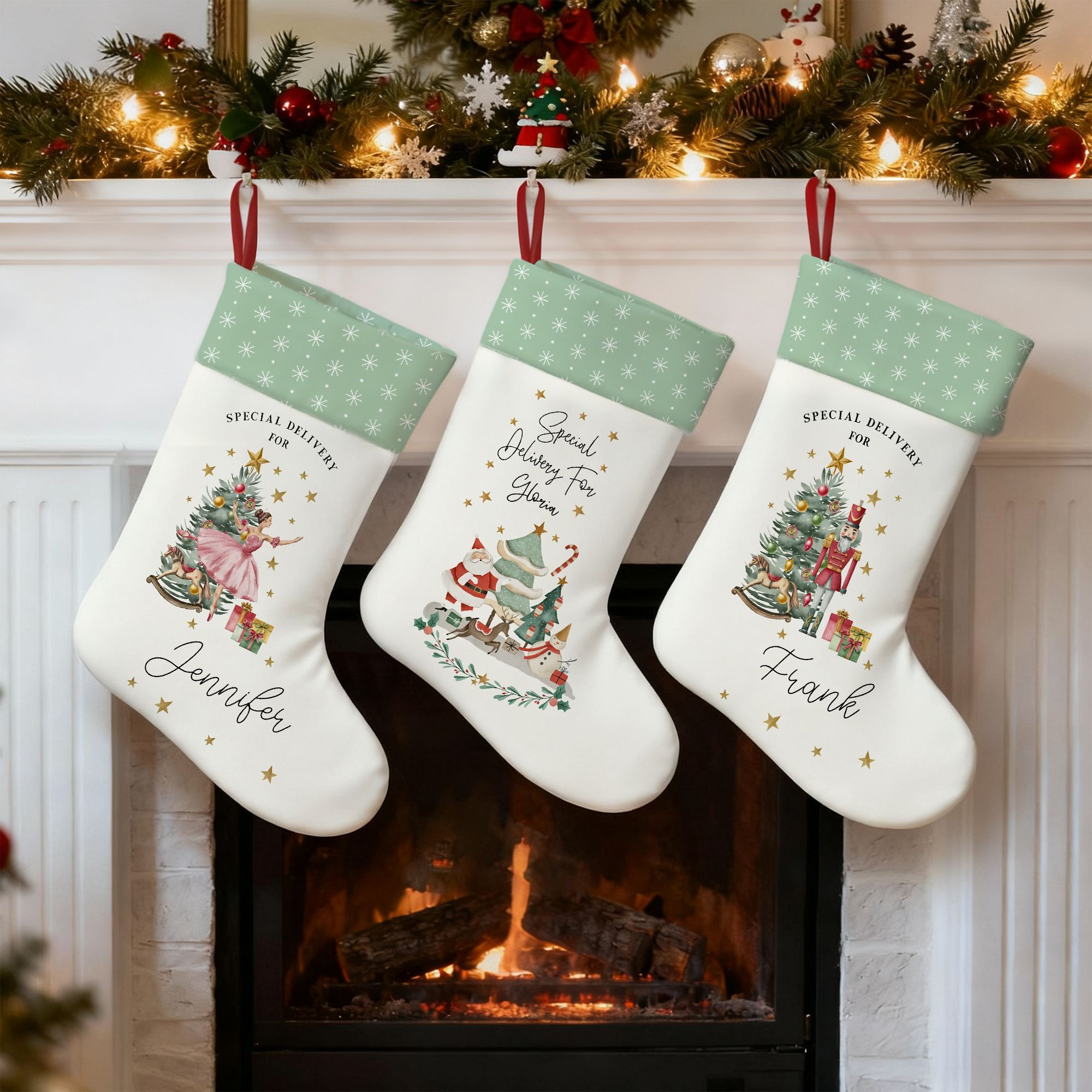 Bas de Noël aquarelle personnalisé Père Noël Renne Casse-Noisette avec nom Décoration maison Cadeau de Noël pour enfants Famille Amis