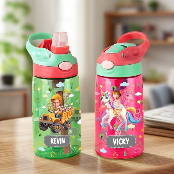 Personalized Vehicle Helmet Face Photo 16 oz Kid Water Bottle with Name Birthday Gift for Boys Girls