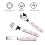 Personalisierte niedlichen Hochland Kuh Safe Edelstahl Gabel Löffel Messer 3 Stück Besteck Set mit Namen und Fall zurück zu Schule Geburtstag Geschenk für Jungen Mädchen