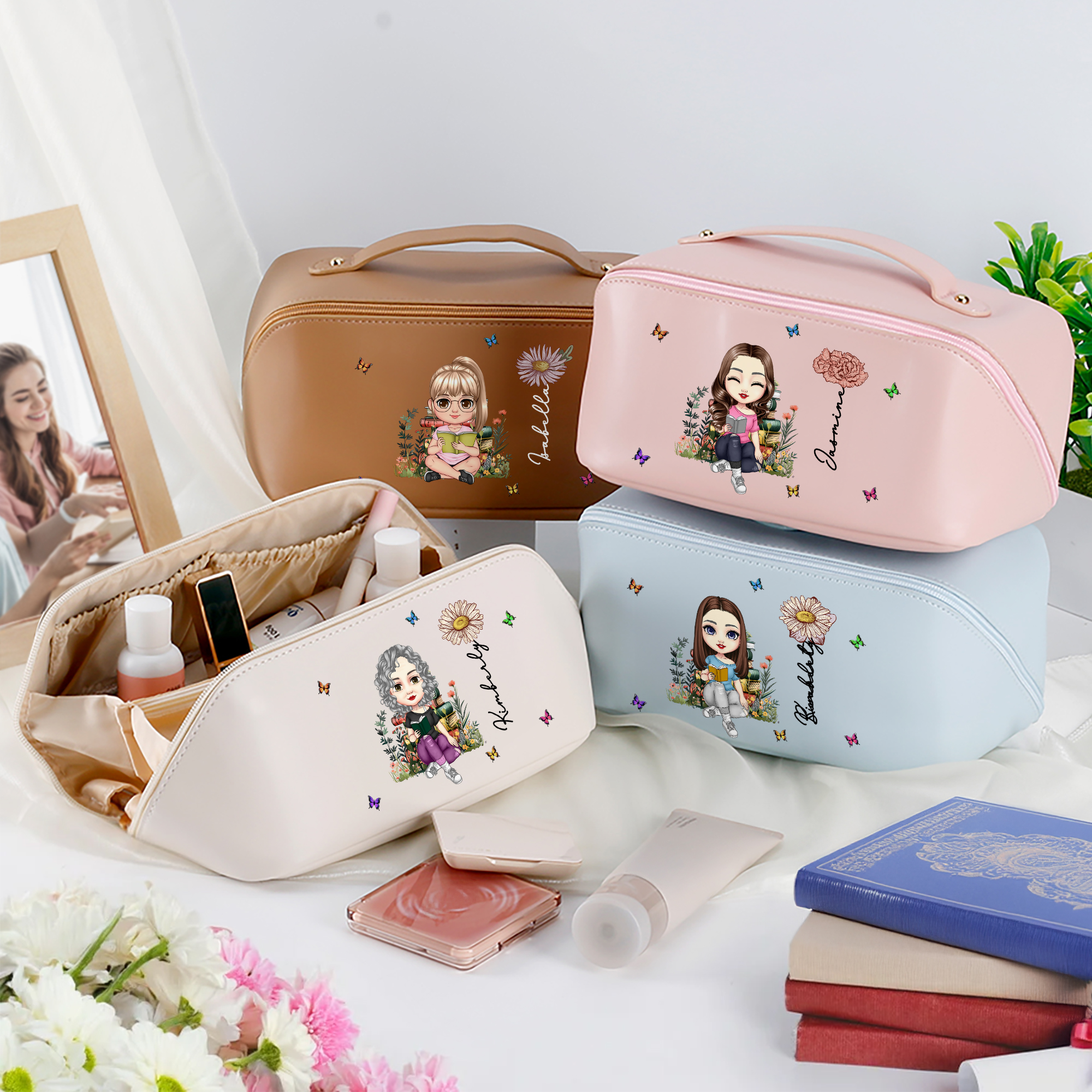 Trousse de Maquillage en Cuir PU Personnalisée avec Personnage de Dessin Animé Fleur de Naissance et Nom Cadeau d’Anniversaire pour Femmes
