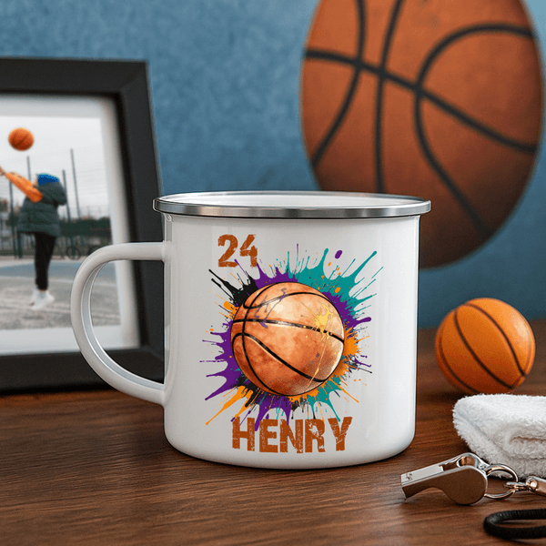 Personalized Splatter-Style Ball Elements 12 oz Enamel Mug with Name and Number Christmas Birthday Gift for Boys Girls
