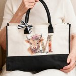 Personalised Flower Highland Cow Large Canvas Tote Bag with Name and Ribbon Travel Essentials Birthday Christmas Gift for Women