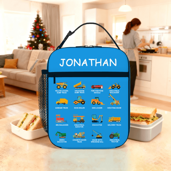 Personalised Construction Lorry Excavator Bulldozer Insulated Lunch Bag with Name Portable Picnic Back to School Gift for Boys Lorry Lovers