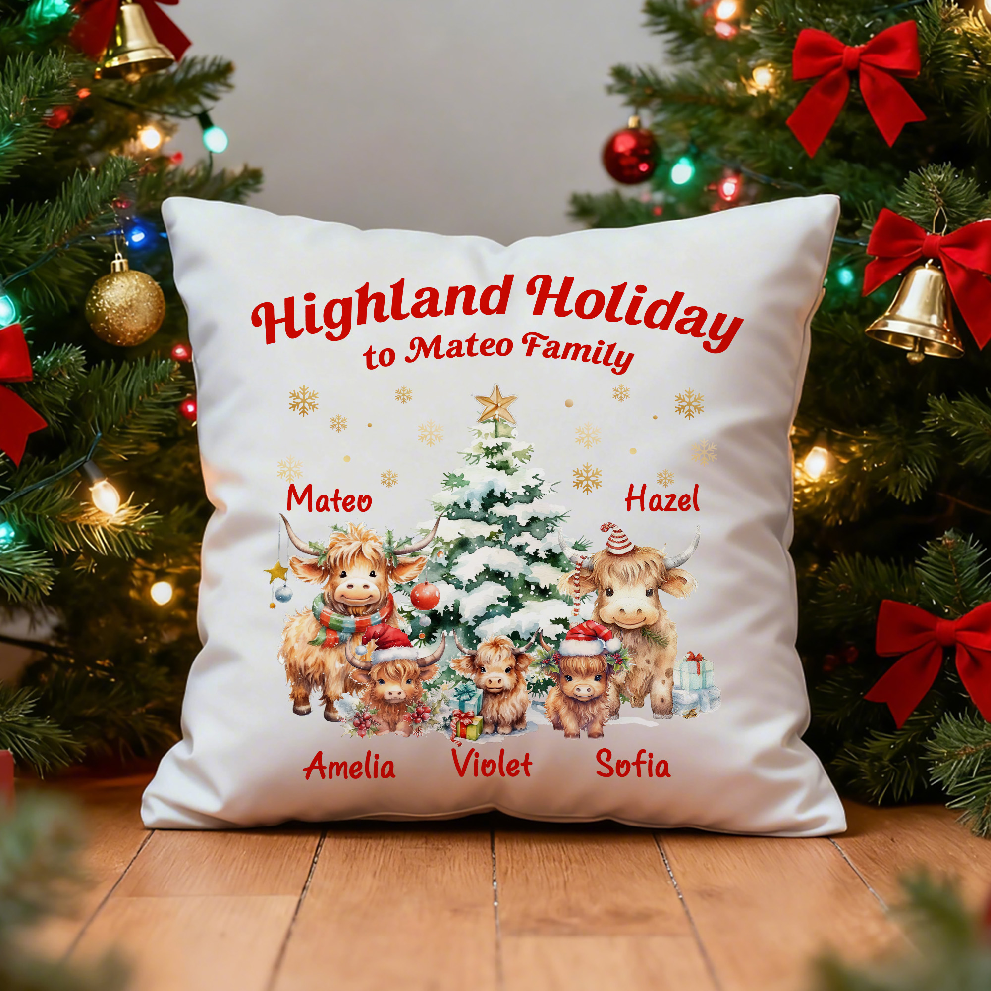 Taie d'oreiller personnalisée Highland Cow Family Snowflake avec nom Cadeau de Noël pour la famille Highland Cow Lovers