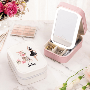 Personalised Cartoon Ballet Girl PU Leather Jewellery Box with Name and LED Three-Color Makeup Mirror Travel Essential Birthday Gift for Her
