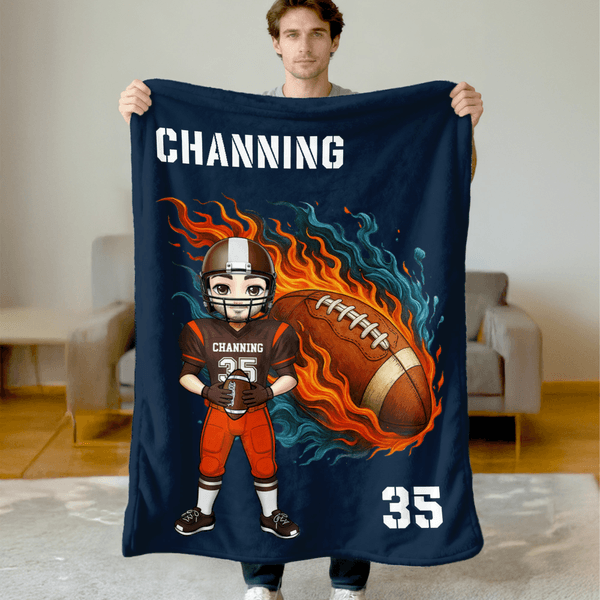 Personalised Cartoon Character Football Soft Throw Blanket with Name and Number Home Decor Birthday Game Day Gift for Football Lovers