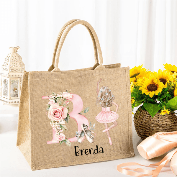Sac en toile de jute personnalisé avec initiale et nom Accessoires de voyage Cadeau d'anniversaire et de Noël pour les amateurs de danse classique