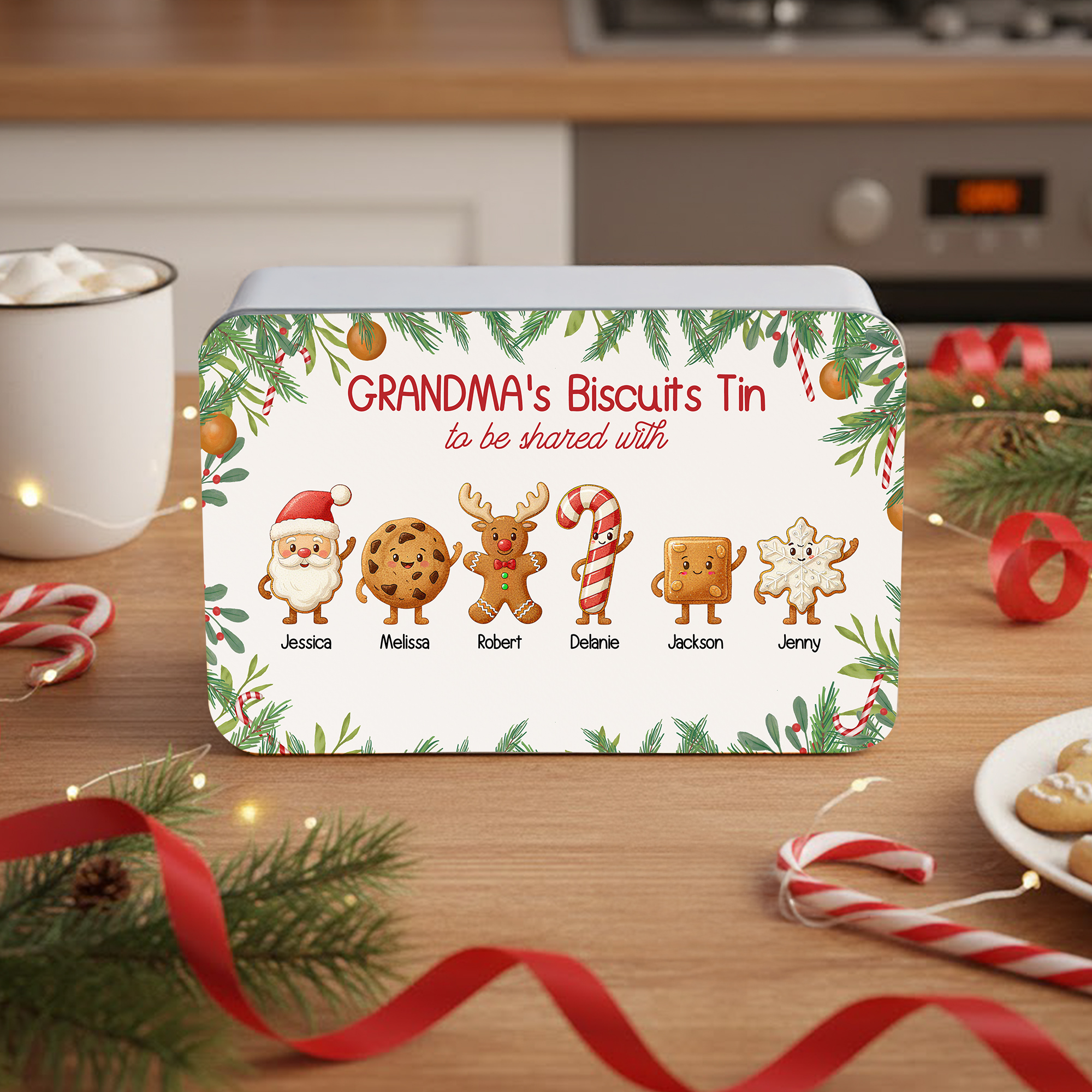 Boîte à biscuits en fer blanc personnalisée avec 1 à 8 noms et textes Cadeau de Noël pour enfant et famille
