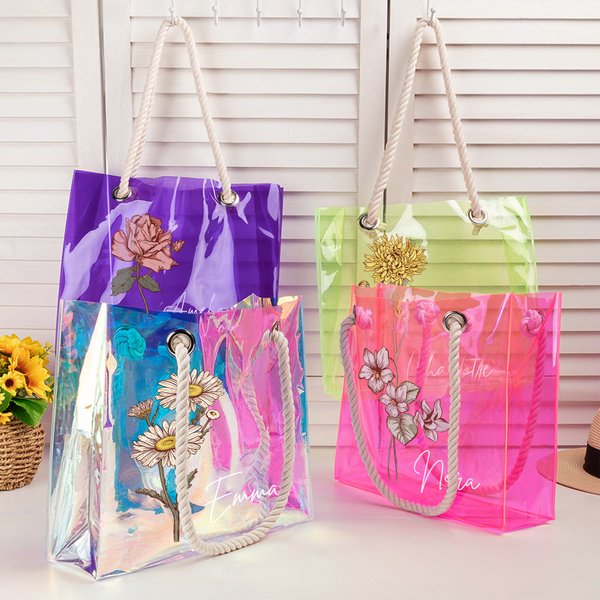 Personalized 2 Styles Birth Flower Holographic Clear Tote Bag with Name Beach Accessories Daily Bachelorette Party Christmas Gift for Brides Women