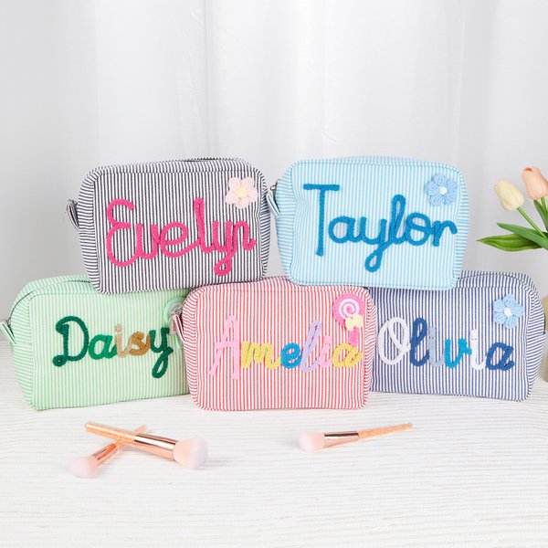 Personalised Multicolor Flower Lollipop Design Striped Makeup Bag with Winding Name Travel Essential Birthday Gift for Women