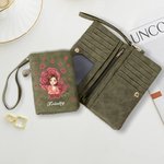 Personalized Cartoon Girl Flying Birth Flower PU Leather Folded Wristlet Wallet with Name and Multiple Card Slots Birthday Anniversary Gift for Women