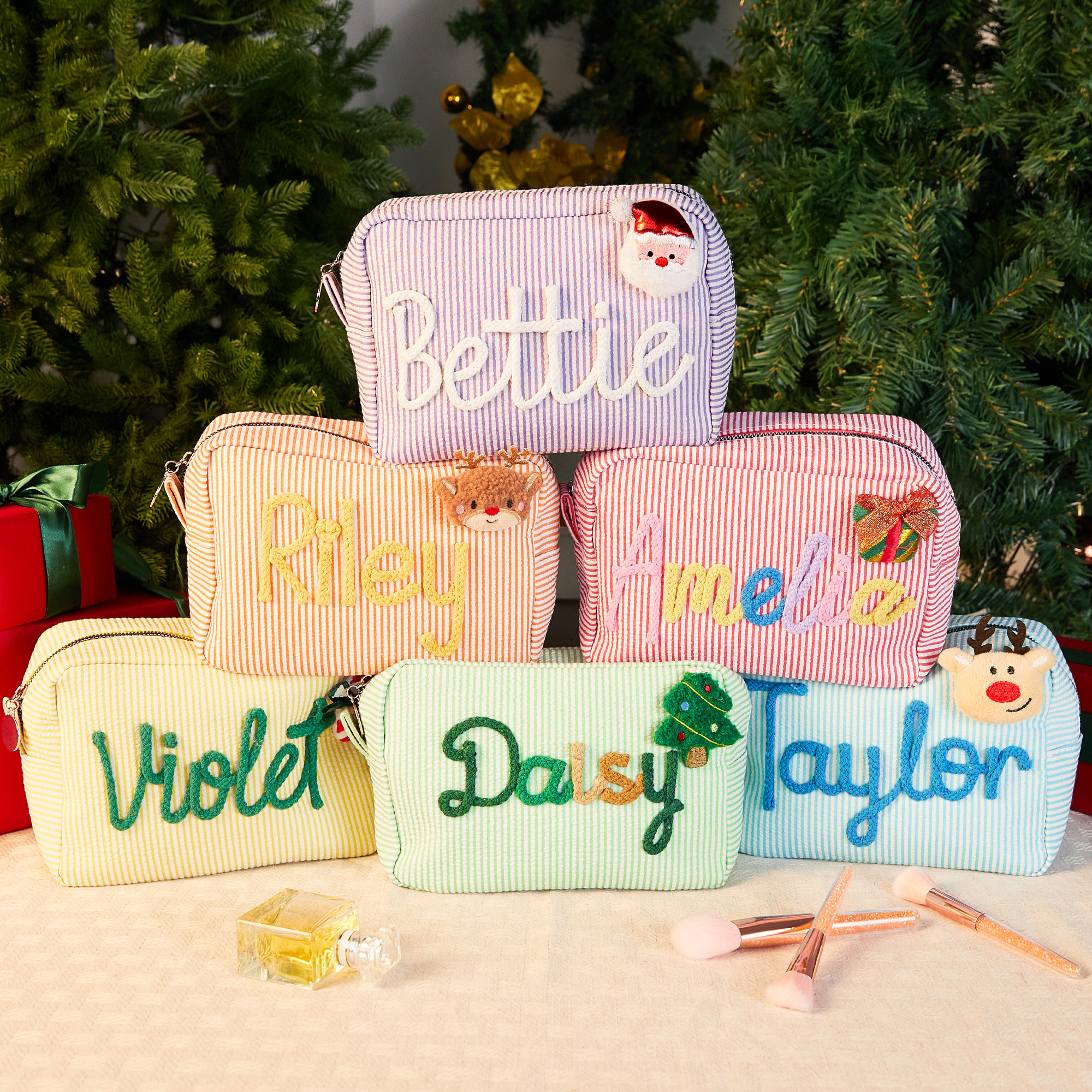 Sac de maquillage personnalisé à rayures avec nom et enroulement Cadeau de Noël essentiel pour les femmes