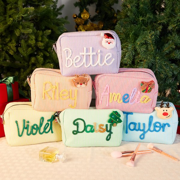 Borsa per il trucco a strisce con avvolgimento del nome per il viaggio, regalo di Natale essenziale per le donne.