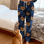 Personalized Pumpkin Paws Checkerboard Face Photo Long Pajama Pants with Drawstring Birthday Christmas Gift for Kids Women Men Pet Lovers