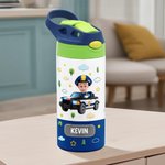 Personalizada Casco de Vehículo Cara Foto Nombre 12 oz Botella de Agua Aislada con Pajita y Tapa Antiderrame Regalo de Cumpleaños para Niños Niñas