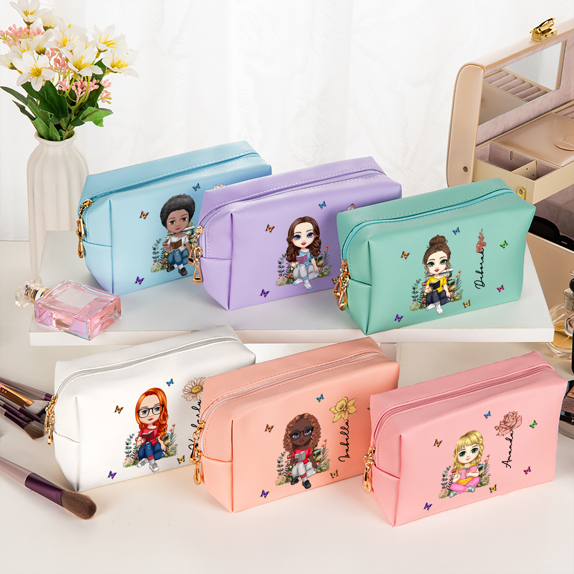 Sac de maquillage en cuir PU avec nom et fermeture à glissière Cadeau d'anniversaire essentiel pour les femmes