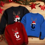 Sudadera personalizada con gorro de santa iniciales y nombre diseño de renos multicolor regalo de Navidad para familia adultos y niños