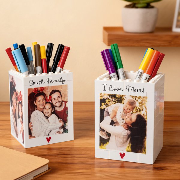 Henkilökohtainen Building Blocks Brick kynänpidin valokuvatulostuksella Desk Decor Suuri kapasiteetti Isänpäivä lahja isälle
