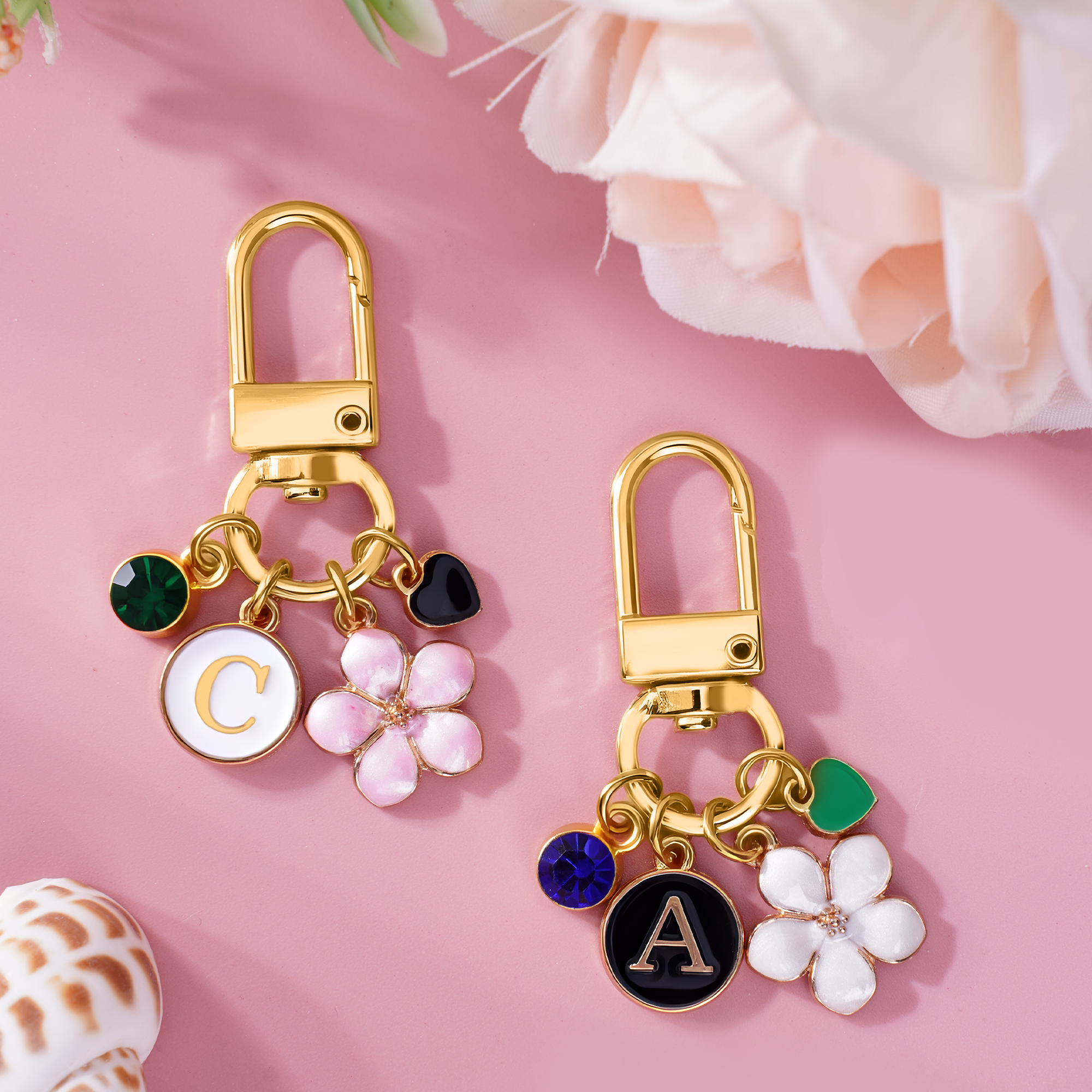 Porte-clés personnalisé avec breloque fleur, initiale, coeur, pierre de naissance, accessoires de sac, cadeau de Noël et d'anniversaire pour les femmes