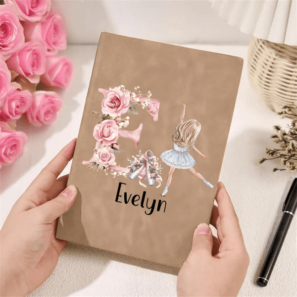 Personalised Cartoon Ballet Girl PU Leather Notebook with Name and Initial Anniversary Birthday Gift for Friends Ballet Lovers