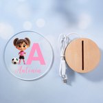 Luz nocturna LED personalizada de personaje de fútbol 3D con inicial de nombre y base de madera regalo de cumpleaños para niños y niñas