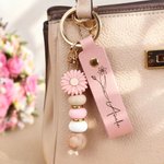 Personalised Birth Flower PU Leather Keychain with Engraved Name and Sunflower Bead Pendant Wedding Party Birthday Gift for Bridesmaids Friends