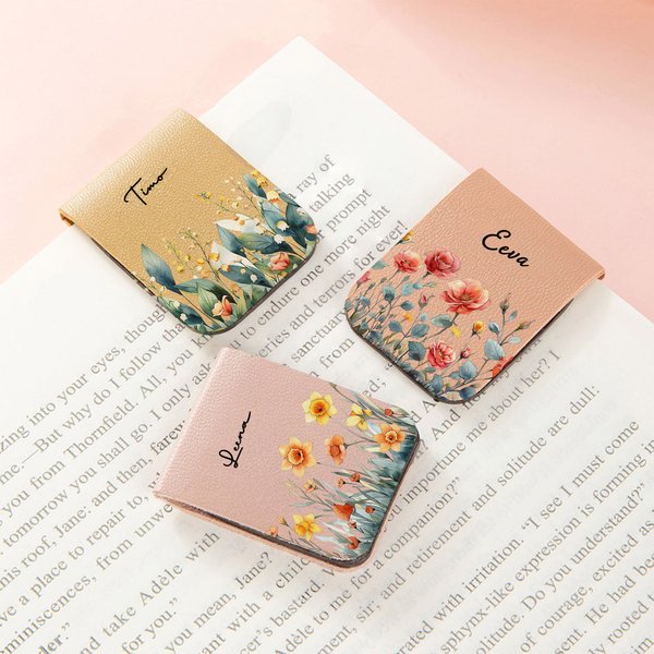 Personoitu vesivärikuvioinen kukkakirjanmerkki magneettisella PU-nahkaklipsillä ja nimellä täydellinen lahja lukijoille ja kirjafaneille
