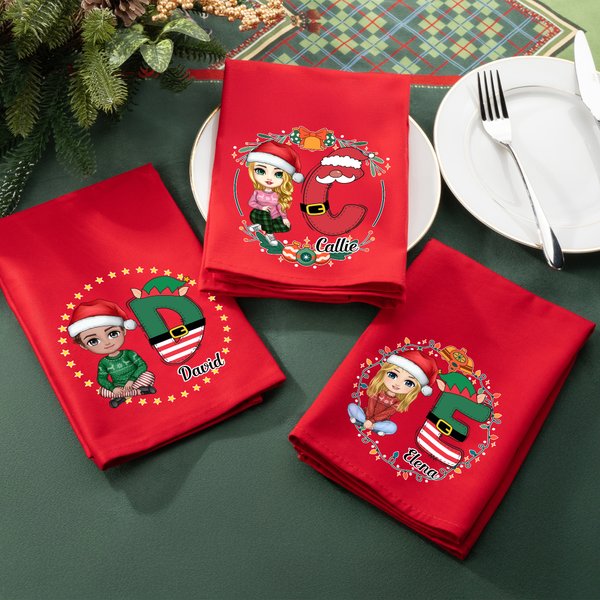 Servilleta personalizada de algodón con inicial y personaje de dibujos animados nombre y decoración de mesa regalo de Navidad para niños y familia