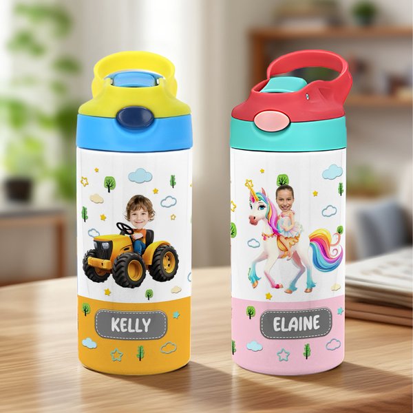 Personalizada Casco de Vehículo Cara Foto Nombre 12 oz Botella de Agua Aislada con Pajita y Tapa Antiderrame Regalo de Cumpleaños para Niños Niñas