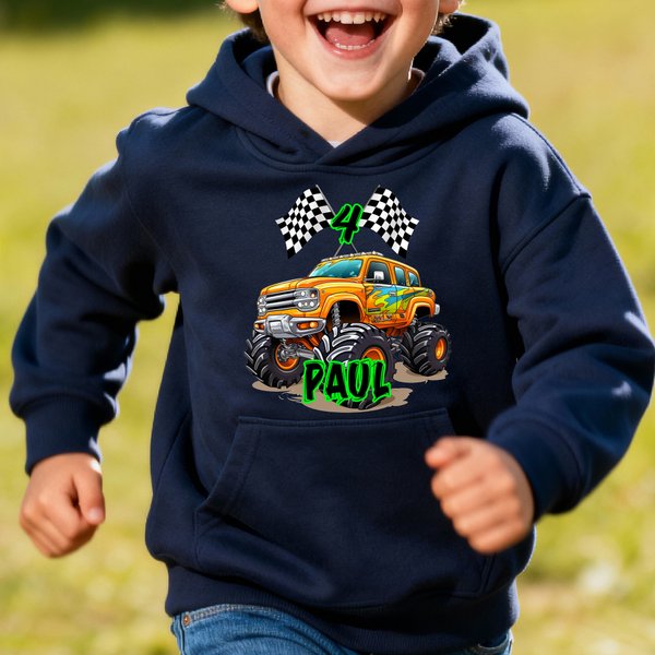Maglietta personalizzata Big Wheel Off-Road Truck Multicolore Felpa con cappuccio per bambini con età e nome Regalo di Natale di compleanno per bambini