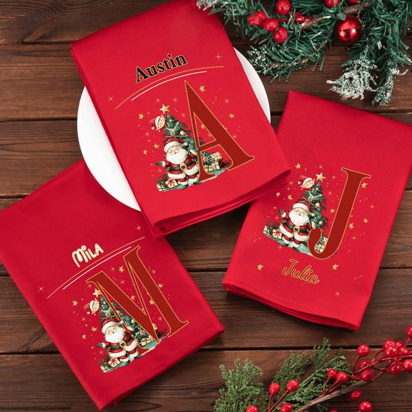 Personalizada de dibujos animados Santa Claus Árbol de Navidad Inicial 100% algodón servilleta reutilizable con el nombre de vacaciones de decoración de mesa de Navidad de regalo para la familia amigo
