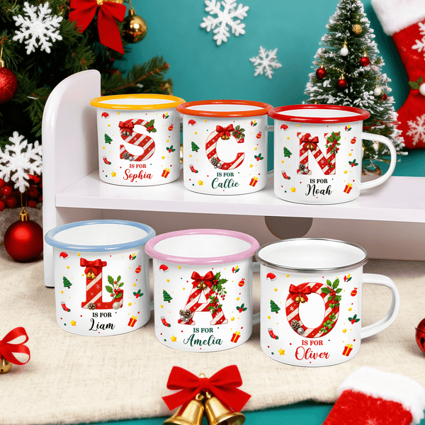 Personalized Candy Cane Initial Design 12 oz Enamel Mug with Name Daily Use Christmas Gift for Kids Family