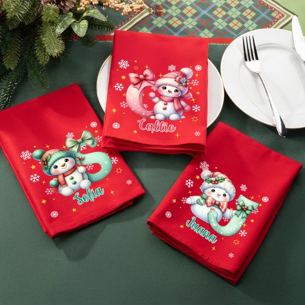 Servilleta roja personalizada reutilizable de 100% algodón con muñeco de nieve inicial y nombre decoración de mesa regalo de Navidad para amigos