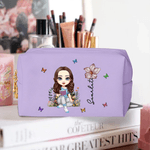 Personalized Multicolour Birth Flower Cartoon Character PU Leather Makeup Bag with Name and Zipper Travel Essentials Birthday Gift for Women