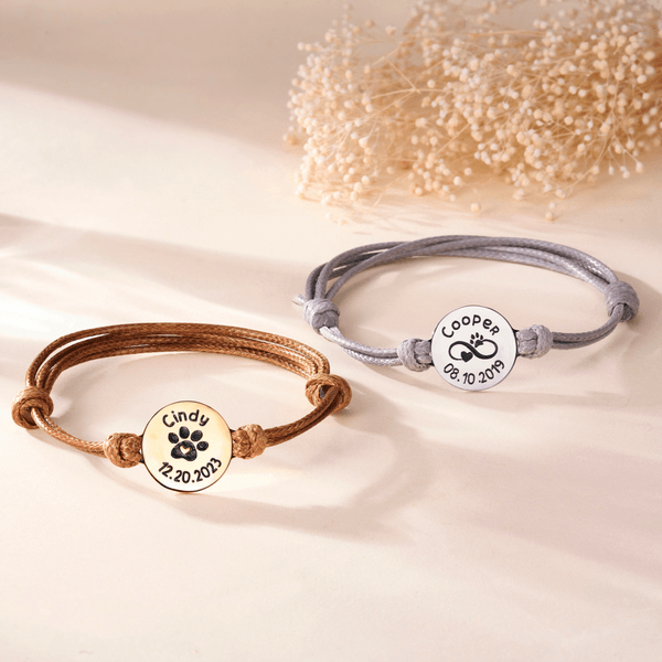 Personalized Pet Paw Print Adjustable Bracelet with Engraved Name and Text Dog Cat Loss Jewelry Memorial Sympathy Gift for Pet Owners