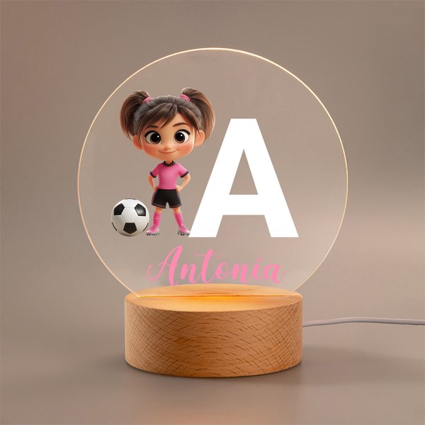 Luz nocturna LED personalizada de personaje de fútbol 3D con inicial de nombre y base de madera regalo de cumpleaños para niños y niñas