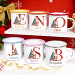 Tasse en émail à bord coloré avec nom et initiales pour l'arbre de Noël personnalisé Père Noël 12 oz Cadeau de Noël pour les enfants et les amis