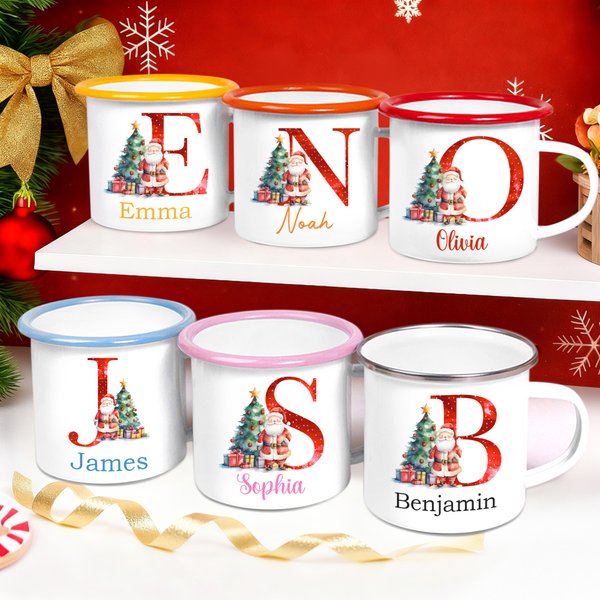 Personalized Christmas Tree Santa Claus 12 oz Coloured Rim Enamel Mug with Name and Initial Christmas Gift for Kids Friends