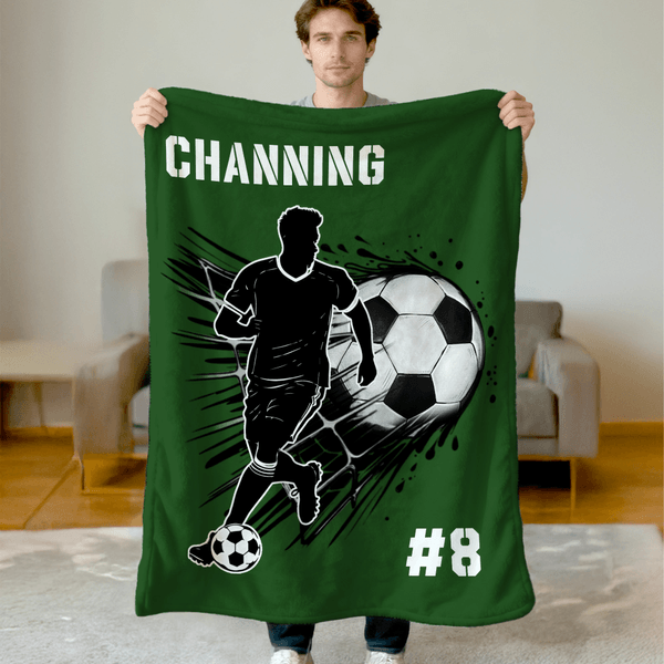 Silueta de fútbol personalizada Manta suave con nombre y número Decoración del hogar Navidad Cumpleaños Regalo para jugador de fútbol