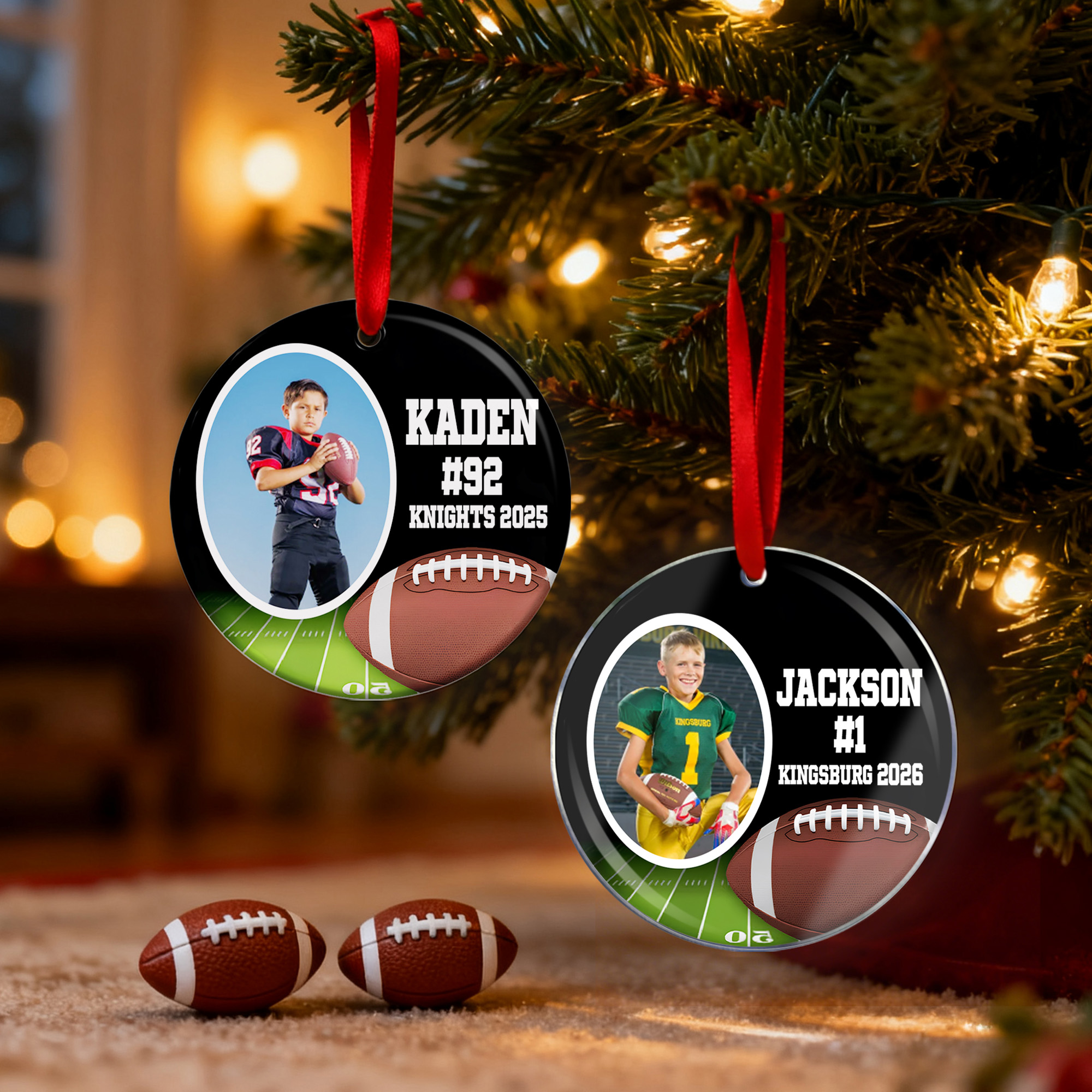 Ornement photo football américain personnalisé avec nom, numéro et année Décoration de l'arbre de Noël Cadeau pour les amoureux du sport