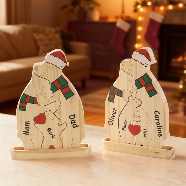 Personalized Wooden Christmas Hat Bear Family Red Heart Puzzle with 2-6 Names Desk Decor Christmas Birthday Gift for Family