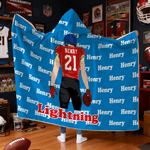 Personalized Cartoon Football Character Soft Hooded Blanket with Name and Number Home Decor Birthday Match Day Gift for Football Sports Lovers