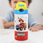 Personalizada Casco de Vehículo Cara Foto Nombre 12 oz Botella de Agua Aislada con Pajita y Tapa Antiderrame Regalo de Cumpleaños para Niños Niñas