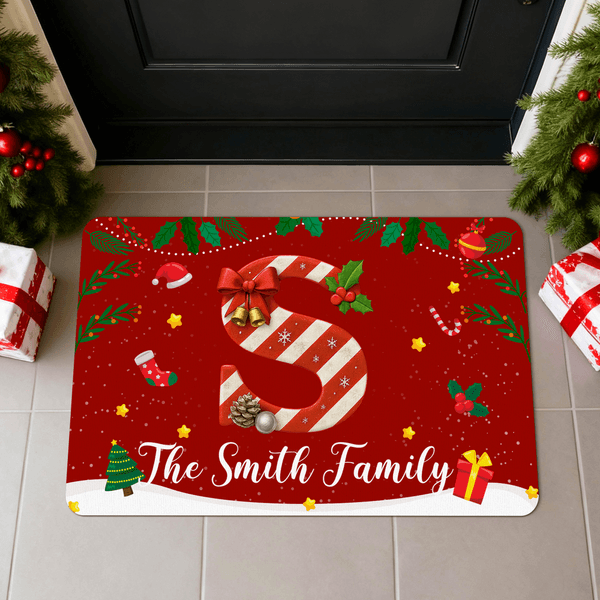 Alfombrilla personalizada de Navidad con iniciales de bastón de caramelo y texto Decoración del hogar Regalo de Navidad para la familia Amigos