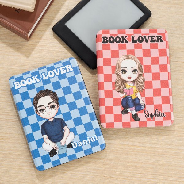 Personalized Reading Cartoon Character Checkerboard Pattern Kindle Page Turner Case with Name and Text Birthday Gift for Reader Book Lover