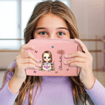 Personalized Multicolour Birth Flower Cartoon Character PU Leather Makeup Bag with Name and Zipper Travel Essentials Birthday Gift for Women