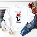 Sudadera personalizada con gorro de santa iniciales y nombre diseño de renos multicolor regalo de Navidad para familia adultos y niños