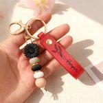 Personalised Birth Flower PU Leather Keychain with Engraved Name and Sunflower Bead Pendant Wedding Party Birthday Gift for Bridesmaids Friends